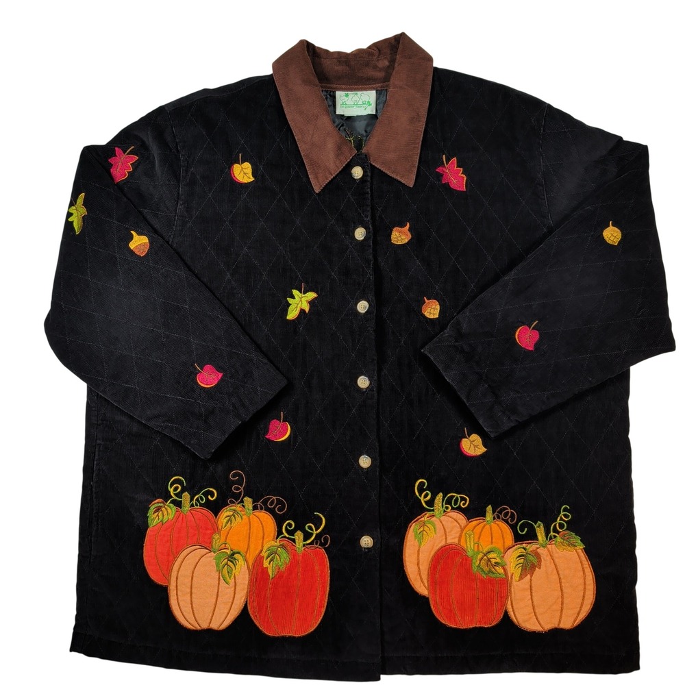 Quacker Factory Jacket Women 2X Black Corduroy Quilted Pumpkin Fall Grabdmacore